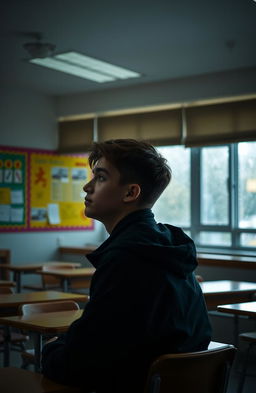 A young man sitting in his classroom, wearing a black jacket, gazing thoughtfully out of the window at the rain