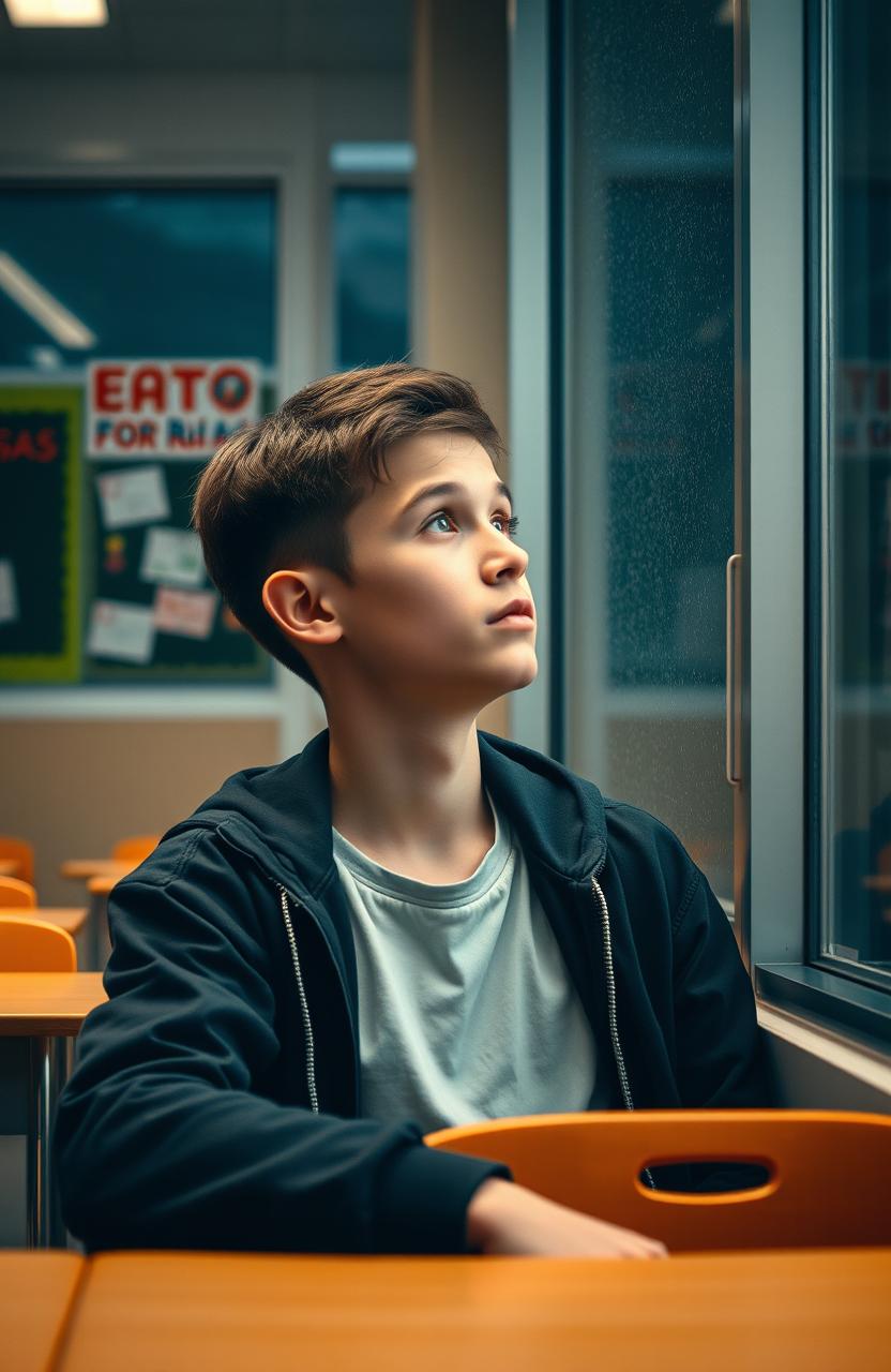 A young man sitting in his classroom, wearing a black jacket, gazing thoughtfully out of the window at the rain