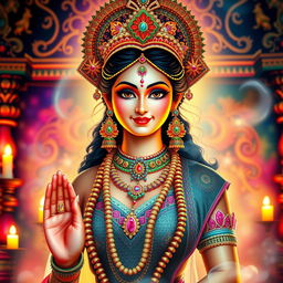 A beautiful and alluring representation of a Hindu goddess, adorned with colorful traditional attire, intricate jewelry, and delicate floral patterns