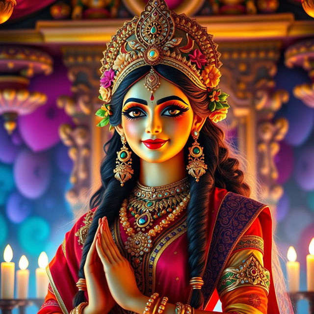 A beautiful and alluring representation of a Hindu goddess, adorned with colorful traditional attire, intricate jewelry, and delicate floral patterns