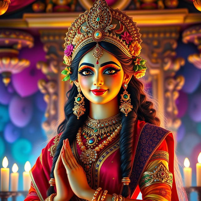 A beautiful and alluring representation of a Hindu goddess, adorned with colorful traditional attire, intricate jewelry, and delicate floral patterns