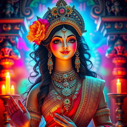 A beautiful and alluring representation of a Hindu goddess, adorned with colorful traditional attire, intricate jewelry, and delicate floral patterns