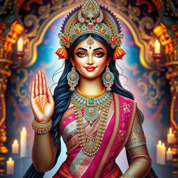 A beautiful and alluring representation of a Hindu goddess, adorned with colorful traditional attire, intricate jewelry, and delicate floral patterns