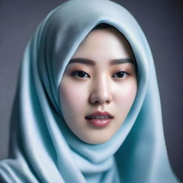 A hyperrealistic image of a stunning Korean girl, elegantly draped in a hijab, her serene beauty reflective of her inner tranquility, captured in the midst of a professional photoshoot