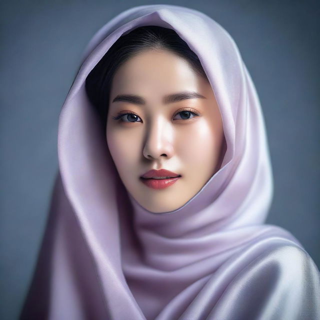 A hyperrealistic image of a stunning Korean girl, elegantly draped in a hijab, her serene beauty reflective of her inner tranquility, captured in the midst of a professional photoshoot