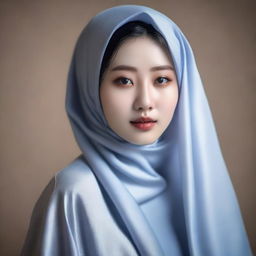 A hyperrealistic image of a stunning Korean girl, elegantly draped in a hijab, her serene beauty reflective of her inner tranquility, captured in the midst of a professional photoshoot