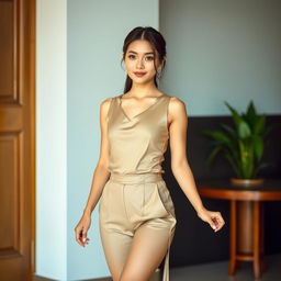 A beautiful 37-year-old Vietnamese woman with fair skin and soft facial features, dressed elegantly