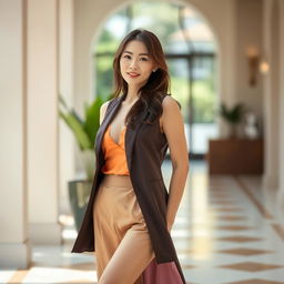 A beautiful 37-year-old Vietnamese woman with fair skin and soft facial features, dressed elegantly