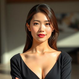 A beautiful 37-year-old Vietnamese woman with fair skin and soft facial features, dressed elegantly