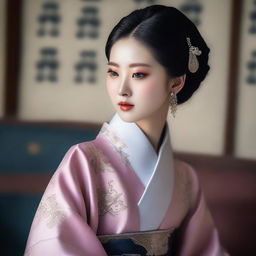 A hyperrealistic image capturing the elegance of a beautiful Korean girl, dressed in graceful 'syar'i' attire, her poised demeanor encapsulated in a professional photoshoot