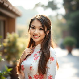 A beautiful 37-year-old Vietnamese woman with fair skin and soft facial features, dressed elegantly