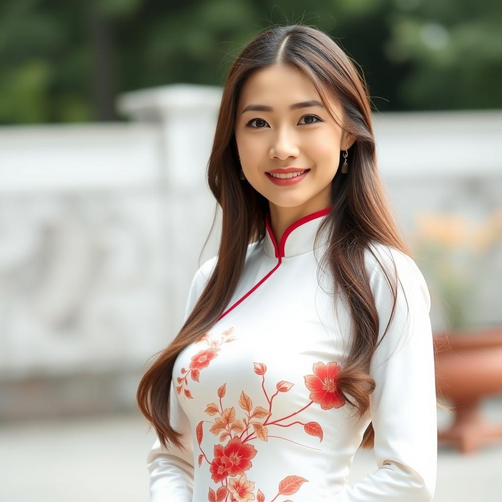 A beautiful 37-year-old Vietnamese woman with fair skin and soft facial features, dressed elegantly