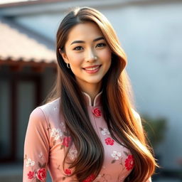 A beautiful 37-year-old Vietnamese woman with fair skin and soft facial features, dressed elegantly