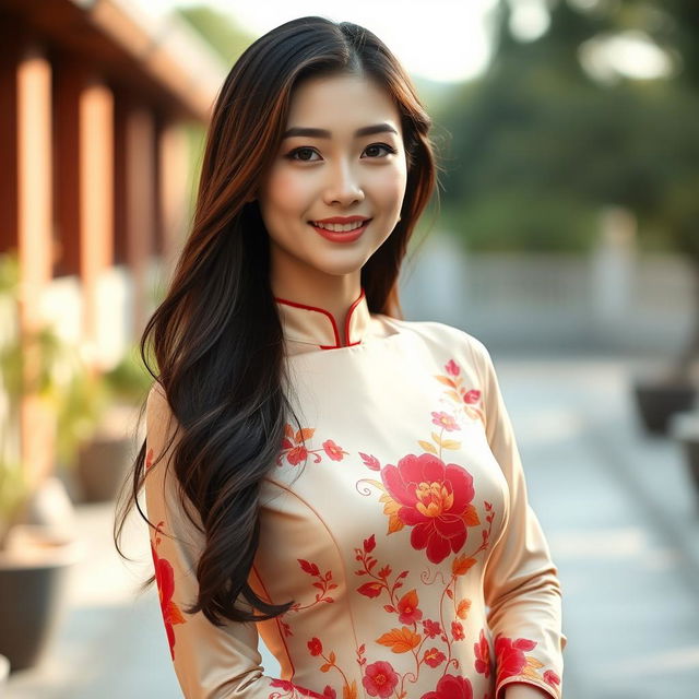 A beautiful 37-year-old Vietnamese woman with fair skin and soft facial features, dressed elegantly