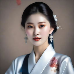 A hyperrealistic image capturing the elegance of a beautiful Korean girl, dressed in graceful 'syar'i' attire, her poised demeanor encapsulated in a professional photoshoot