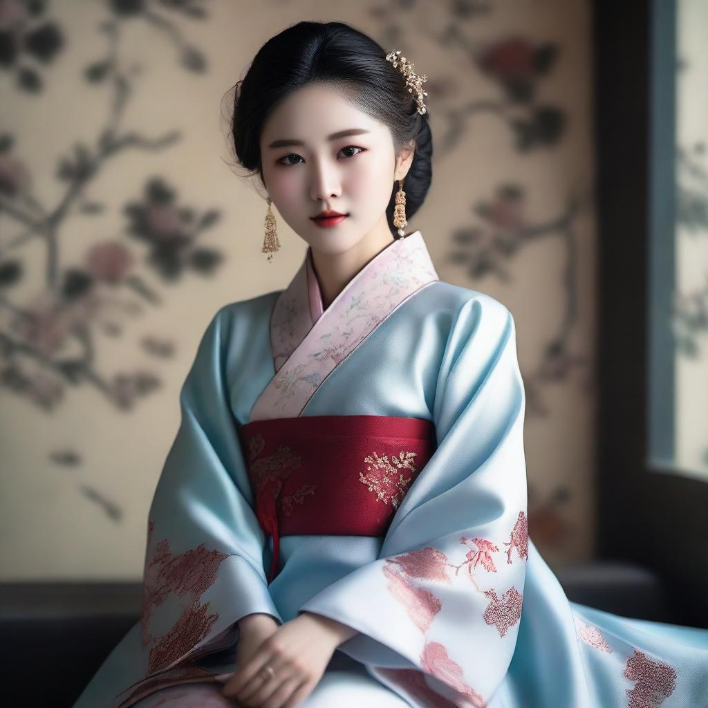 A hyperrealistic image capturing the elegance of a beautiful Korean girl, dressed in graceful 'syar'i' attire, her poised demeanor encapsulated in a professional photoshoot