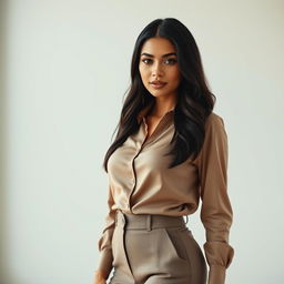 A hyper-realistic portrait of a 34-year-old Latina woman with neatly styled, natural dark hair
