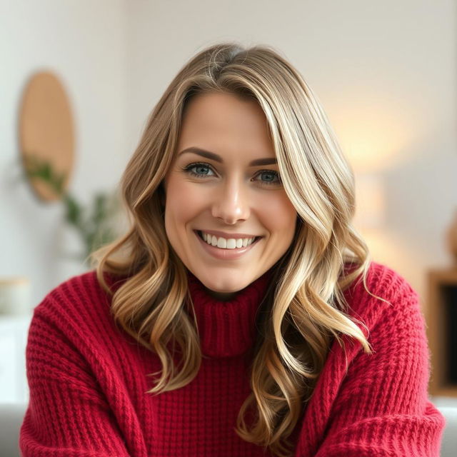 A 35-year-old Danish woman with natural beauty and no makeup, wearing a cozy red sweater that enhances her warm and inviting appearance