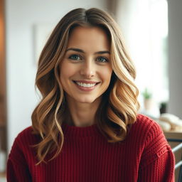 A 35-year-old Danish woman with natural beauty and no makeup, wearing a cozy red sweater that enhances her warm and inviting appearance