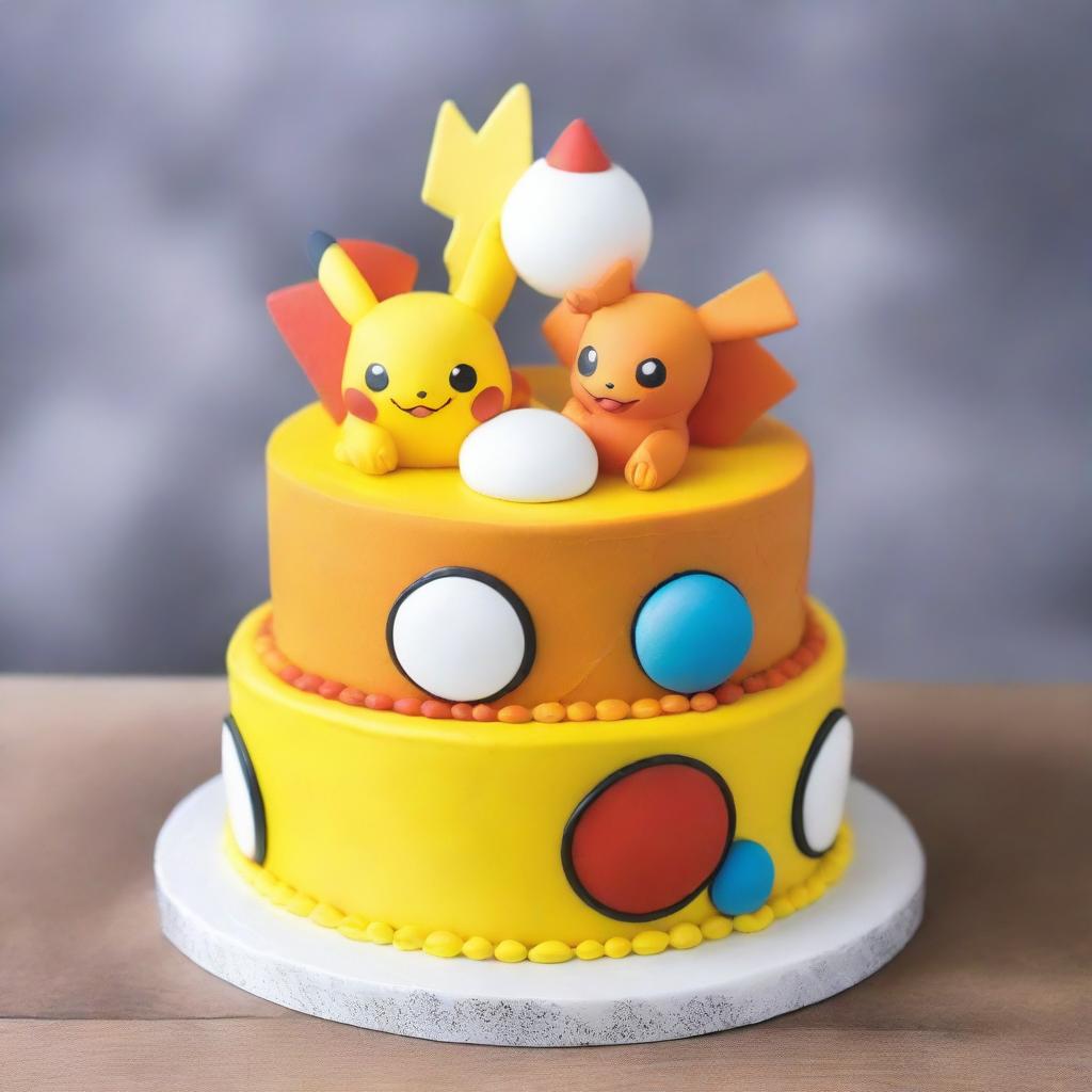 A colorful Pokemon-themed birthday cake, the top adorned with Pikachu and Charmander playfully frolicking around a sugary Poké Ball