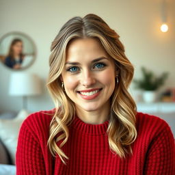 A 35-year-old Danish woman with natural beauty and no makeup, wearing a cozy red sweater that enhances her warm and inviting appearance