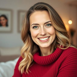 A 35-year-old Danish woman with natural beauty and no makeup, wearing a cozy red sweater that enhances her warm and inviting appearance