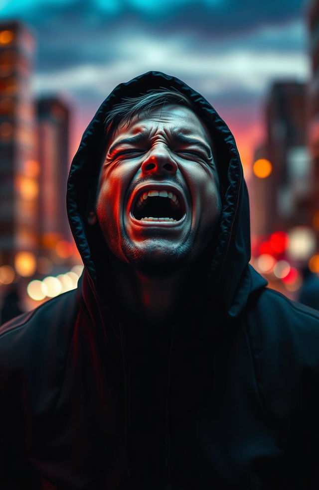 A dramatic scene depicting a person in an emotional outburst, crying and screaming in a powerful expression of pain and frustration