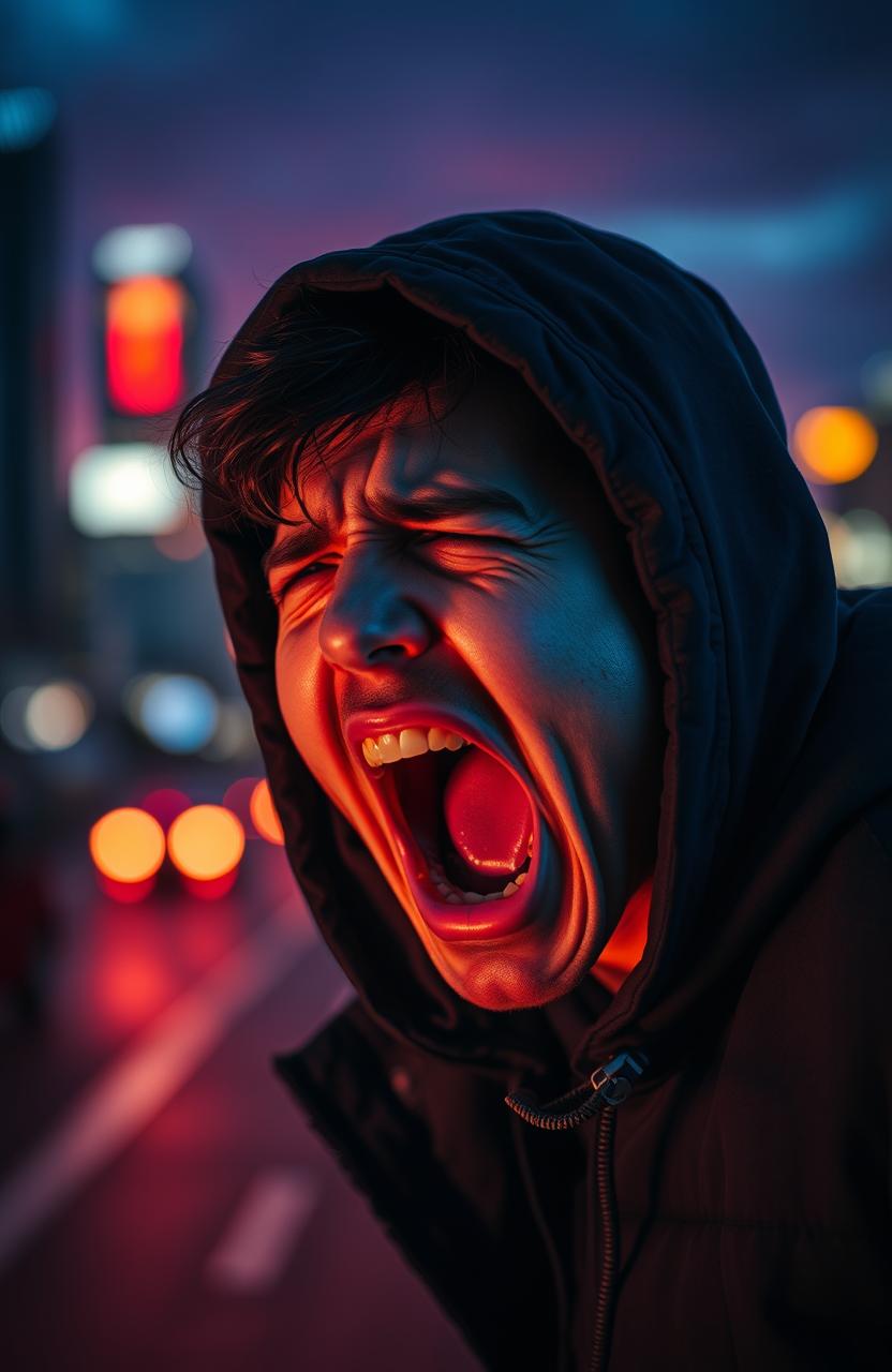 A dramatic scene depicting a person in an emotional outburst, crying and screaming in a powerful expression of pain and frustration