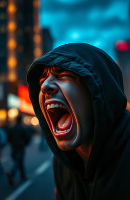 A dramatic scene depicting a person in an emotional outburst, crying and screaming in a powerful expression of pain and frustration