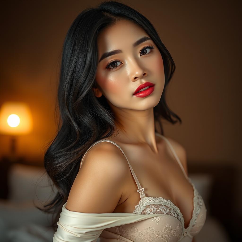 A stunning Japanese woman with beautifully sexy lips, elegantly posed in delicate lingerie