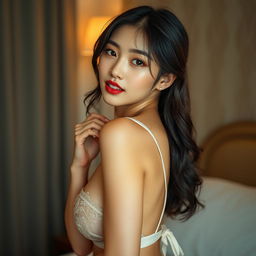 A stunning Japanese woman with beautifully sexy lips, elegantly posed in delicate lingerie