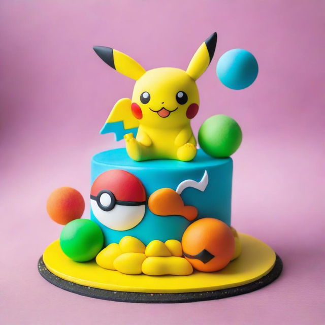 A colorful Pokemon-themed birthday cake, the top adorned with Pikachu and Charmander playfully frolicking around a sugary Poké Ball