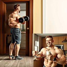 A muscular man with broad shoulders approaches a large door, showcasing his impressive physique