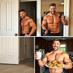 A muscular man with broad shoulders approaches a large door, showcasing his impressive physique