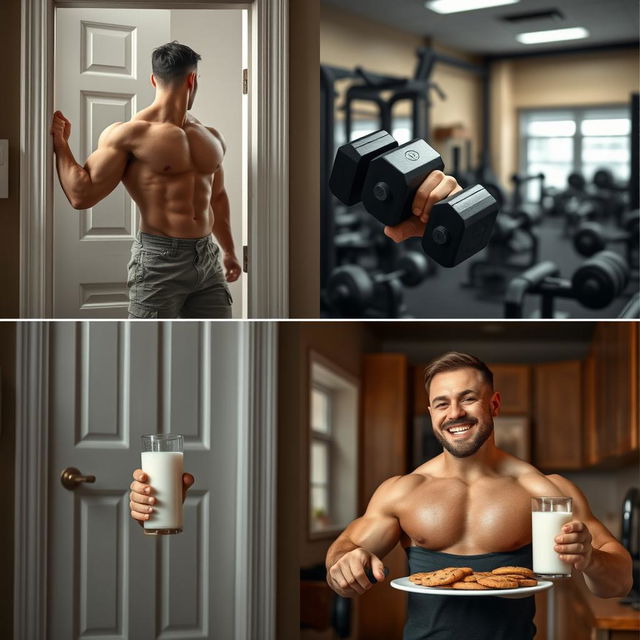 A muscular man with broad shoulders approaches a large door, showcasing his impressive physique