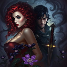 A stunning fantasy scene featuring a curvy woman with curly red hair, one blue eye and one green eye, and a brooding man with black hair dressed in warrior attire