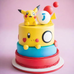 A colorful Pokemon-themed birthday cake, the top adorned with Pikachu and Charmander playfully frolicking around a sugary Poké Ball