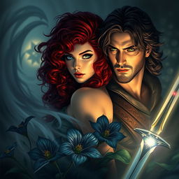 A stunning fantasy scene featuring a curvy woman with curly red hair, one blue eye and one green eye, and a brooding man with black hair dressed in warrior attire