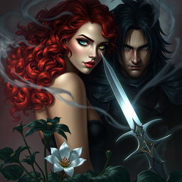 A stunning fantasy scene featuring a curvy woman with curly red hair, one blue eye and one green eye, and a brooding man with black hair dressed in warrior attire