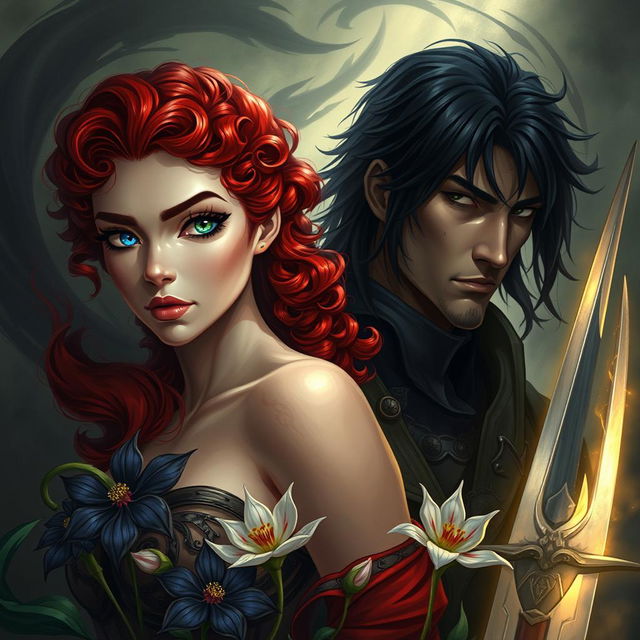 A stunning fantasy scene featuring a curvy woman with curly red hair, one blue eye and one green eye, and a brooding man with black hair dressed in warrior attire