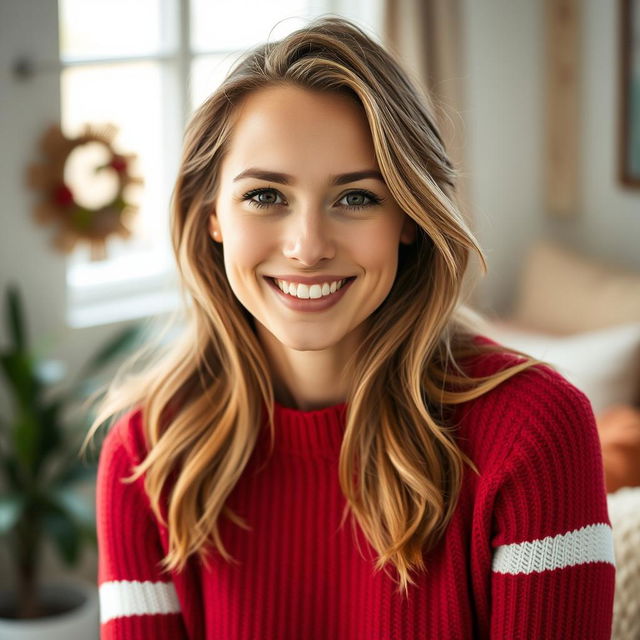 A 35-year-old woman from Denmark with natural beauty and no makeup, wearing a stylish red sweater with white stripes that adds a playful touch to her look