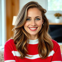 A 35-year-old woman from Denmark with natural beauty and no makeup, wearing a stylish red sweater with white stripes that adds a playful touch to her look