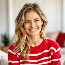 A 35-year-old woman from Denmark with natural beauty and no makeup, wearing a stylish red sweater with white stripes that adds a playful touch to her look