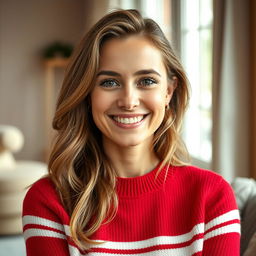 A 35-year-old woman from Denmark with natural beauty and no makeup, wearing a stylish red sweater with white stripes that adds a playful touch to her look