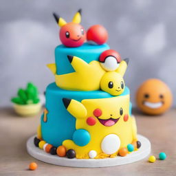 A colorful Pokemon-themed birthday cake, the top adorned with Pikachu and Charmander playfully frolicking around a sugary Poké Ball