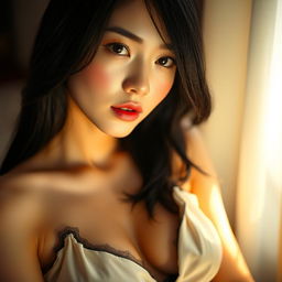 A stunning Japanese woman with alluring, full lips, wearing elegant lingerie that enhances her beauty