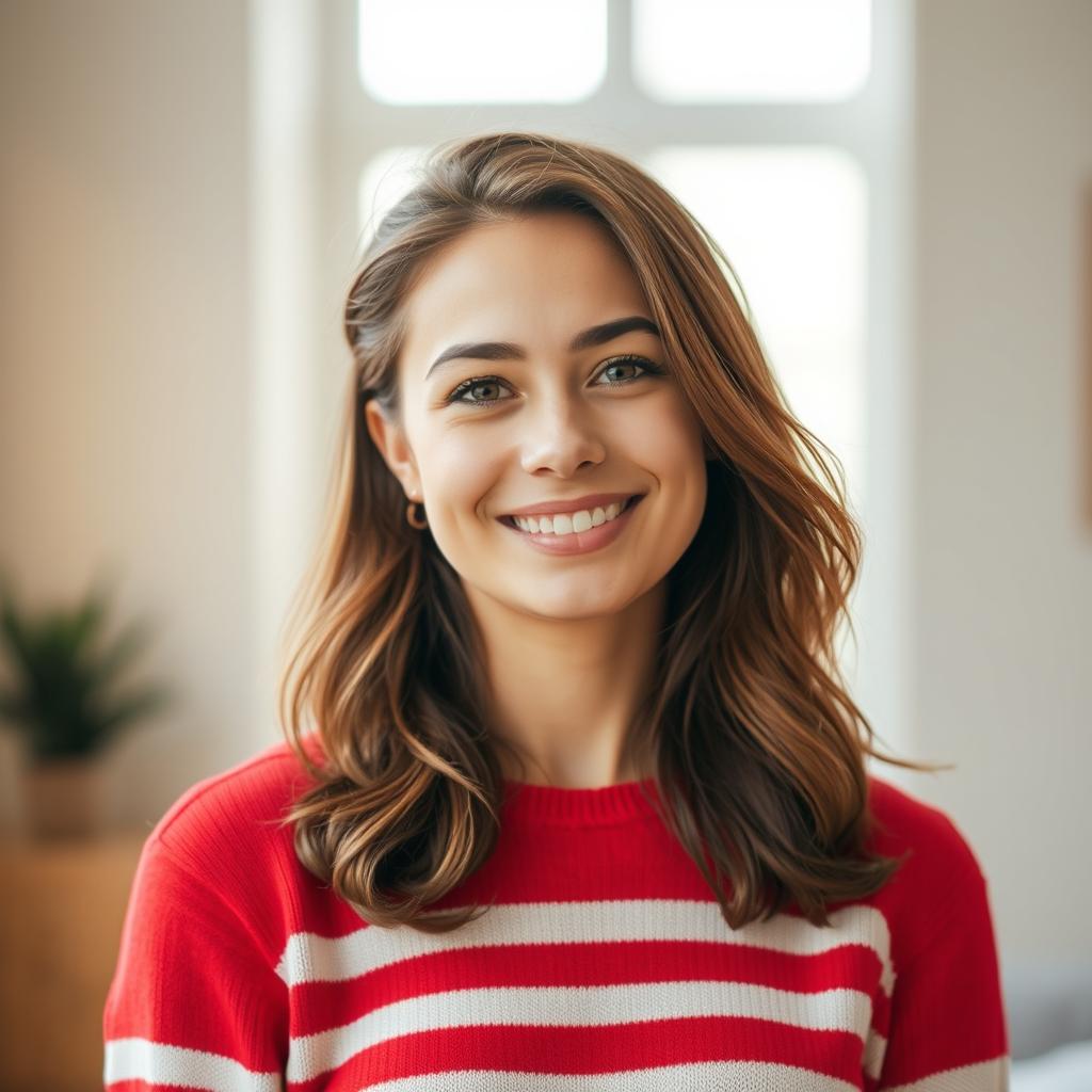 A 35-year-old woman of European descent with natural beauty and no makeup, wearing a vibrant red sweater with white stripes that enhances her lively personality