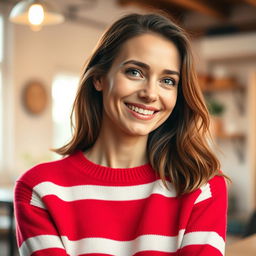 A 35-year-old woman of European descent with natural beauty and no makeup, wearing a vibrant red sweater with white stripes that enhances her lively personality