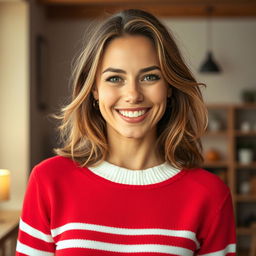 A 35-year-old woman of European descent with natural beauty and no makeup, wearing a vibrant red sweater with white stripes that enhances her lively personality
