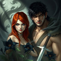 A captivating fantasy scene featuring a modest and natural red-haired woman with one blue eye and one green eye, alongside a muscular and brooding man with black hair dressed in warrior attire